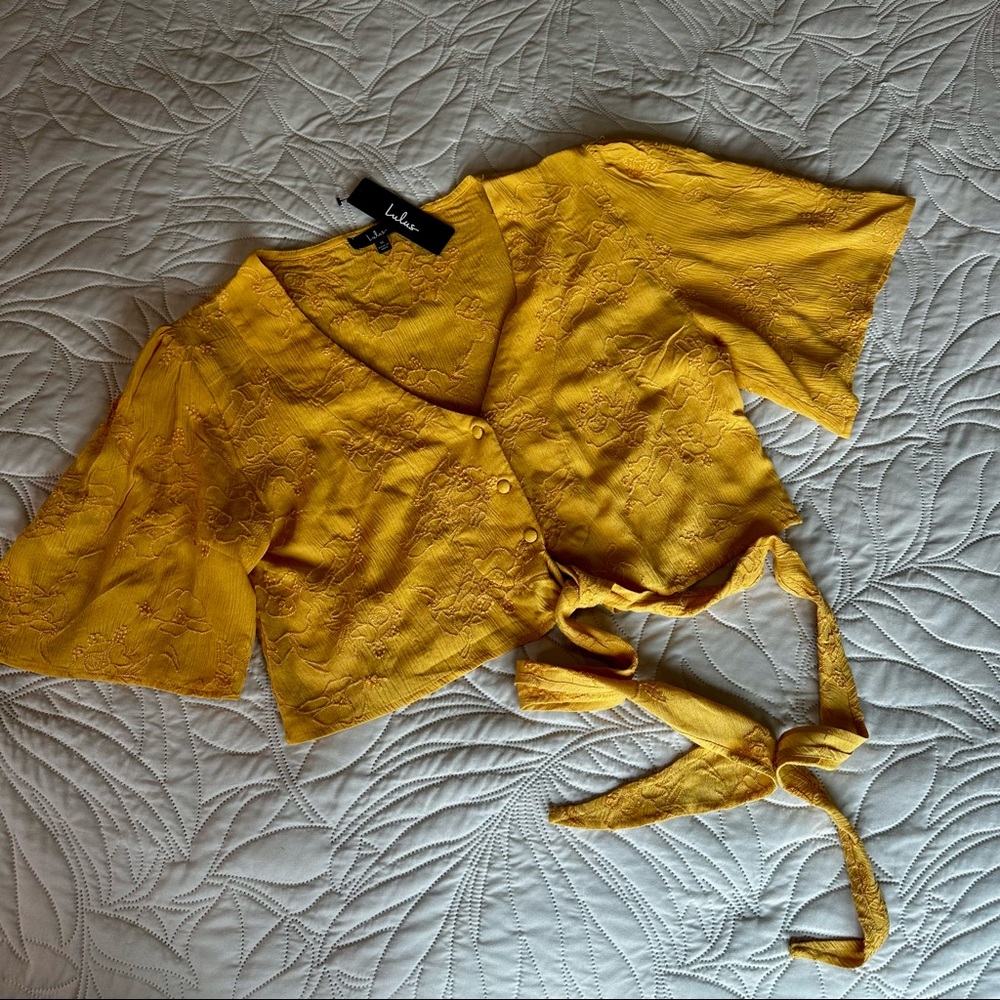 Mustard Yellow Jacquard Wrap Top Bell Sleeve Tie Waist Blouse